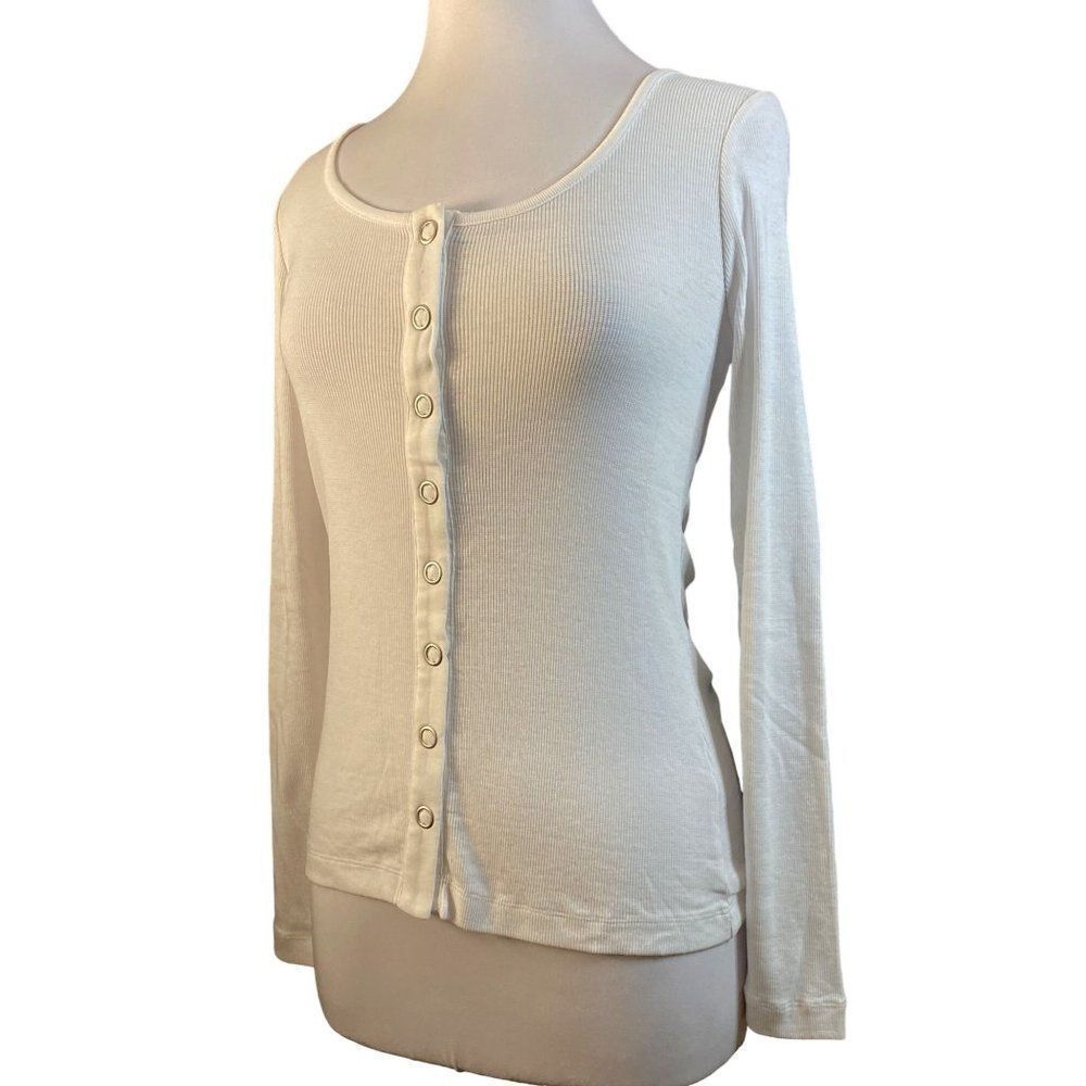 Chaser White Baby Rib Snap Front Top Soft Cotton Stretch Long Sleeves Sz Sm NEW
